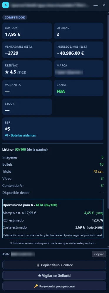 Ficha de un producto de Amazon con ventas e ingresos estimados, calidad del listing y la oportunidad calculada con los costes propios