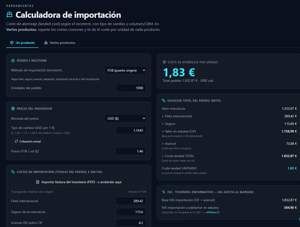 Calculadora de importación con el desglose de mercancía, flete, seguro, valor en aduana y arancel
