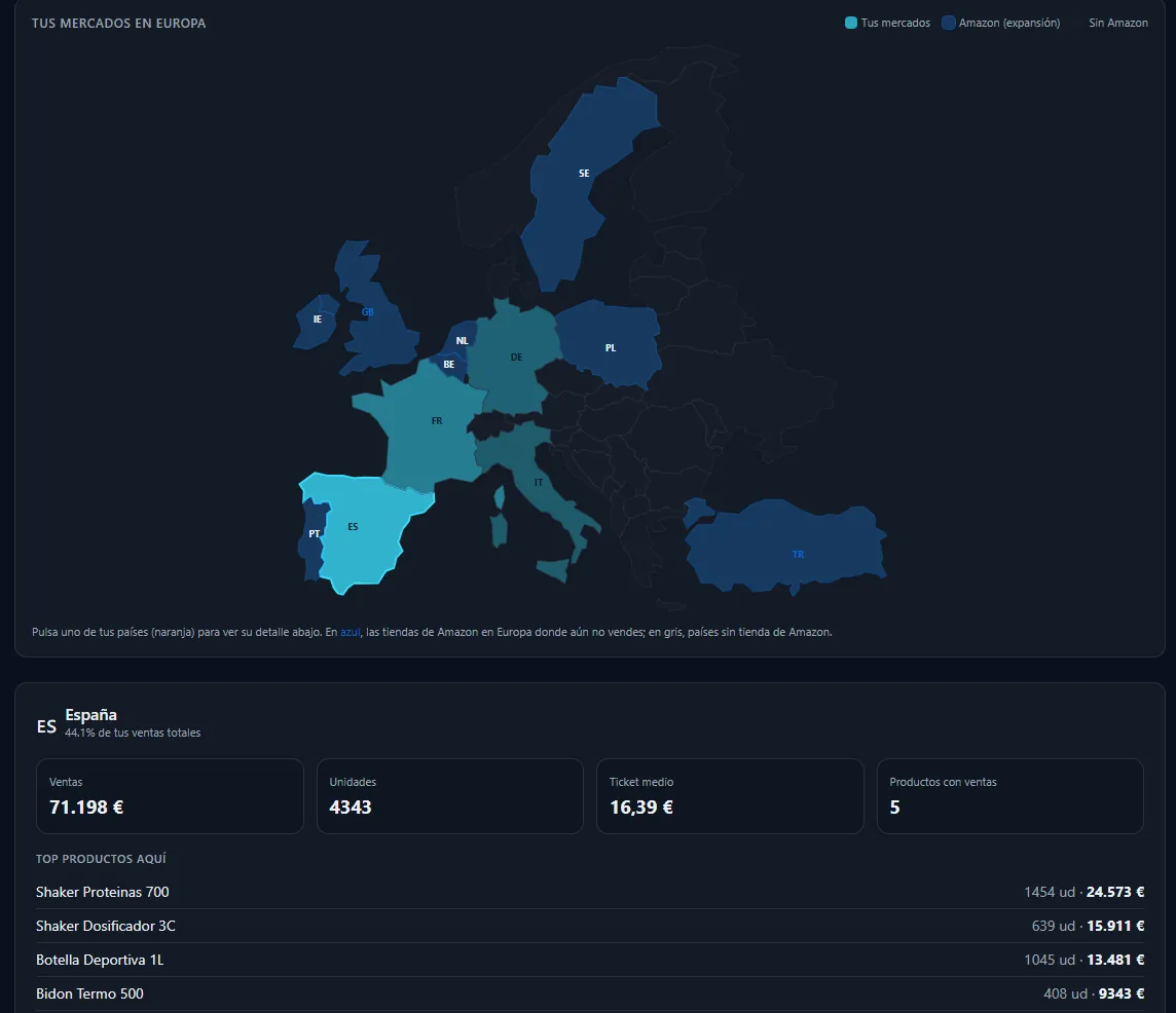 Mapa de Europa con los mercados de Amazon en los que se vende y los pendientes de abrir